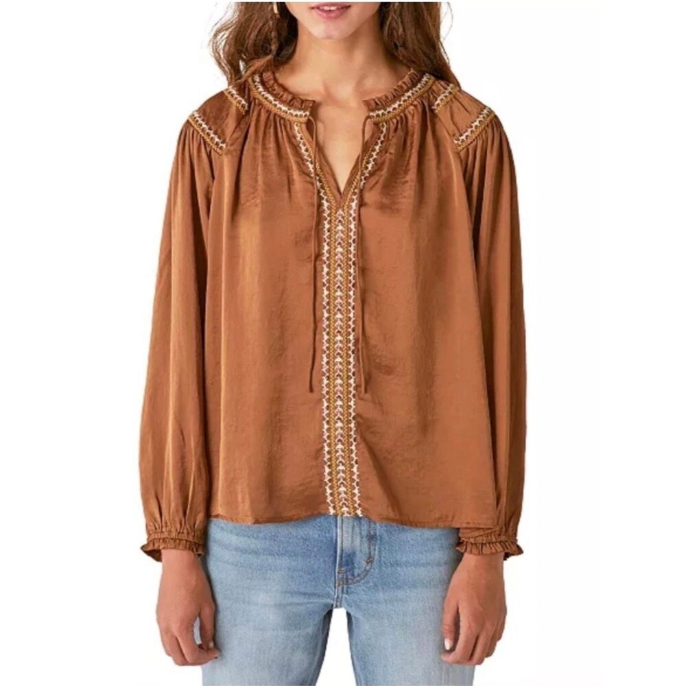 Lucky Brand Copper-Brown Embroidered Satin-Feel Peasant Blouse NWT Size Large